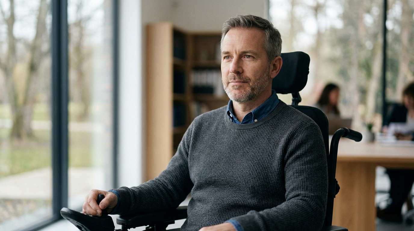 Person using a wheelchair looking forward with quiet resolve after a catastrophic spinal cord injury.