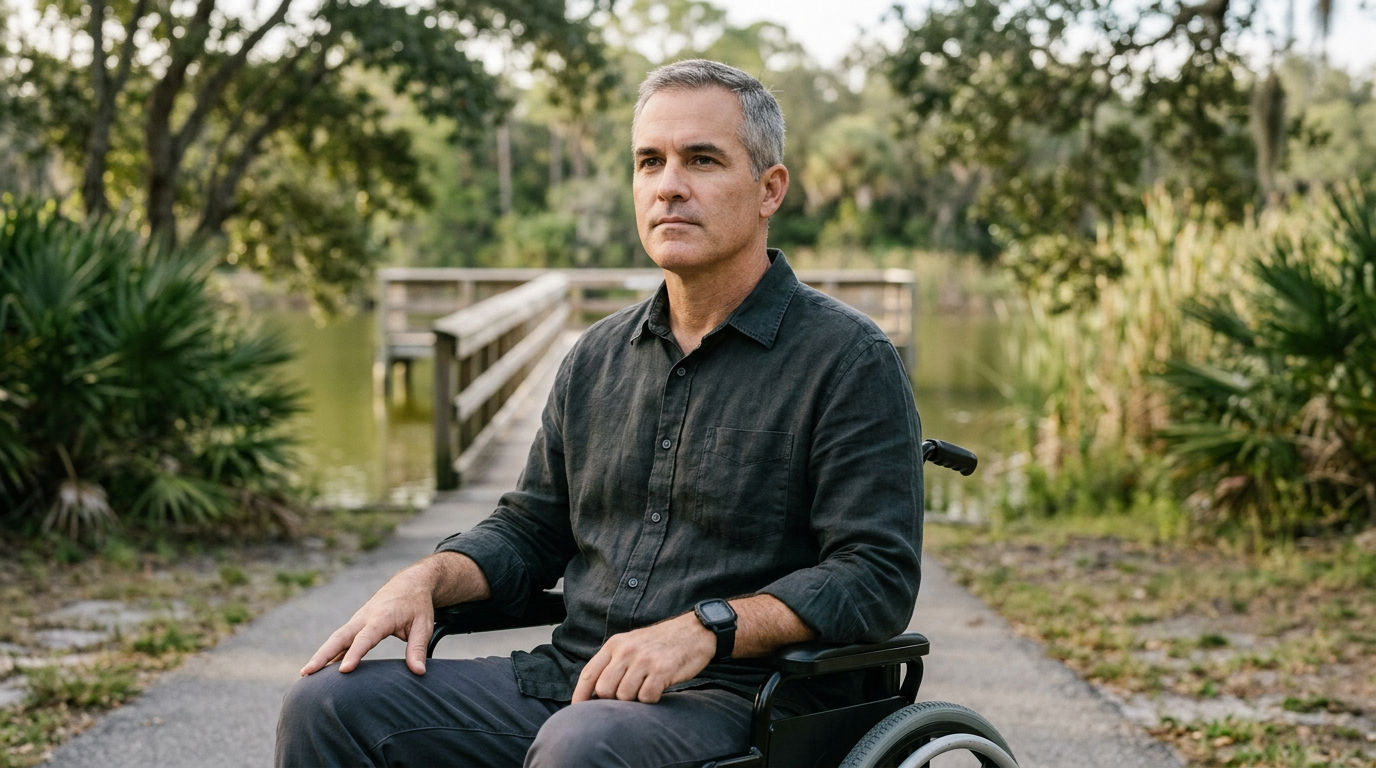Person using a wheelchair looking forward with quiet resolve after a catastrophic spinal injury.