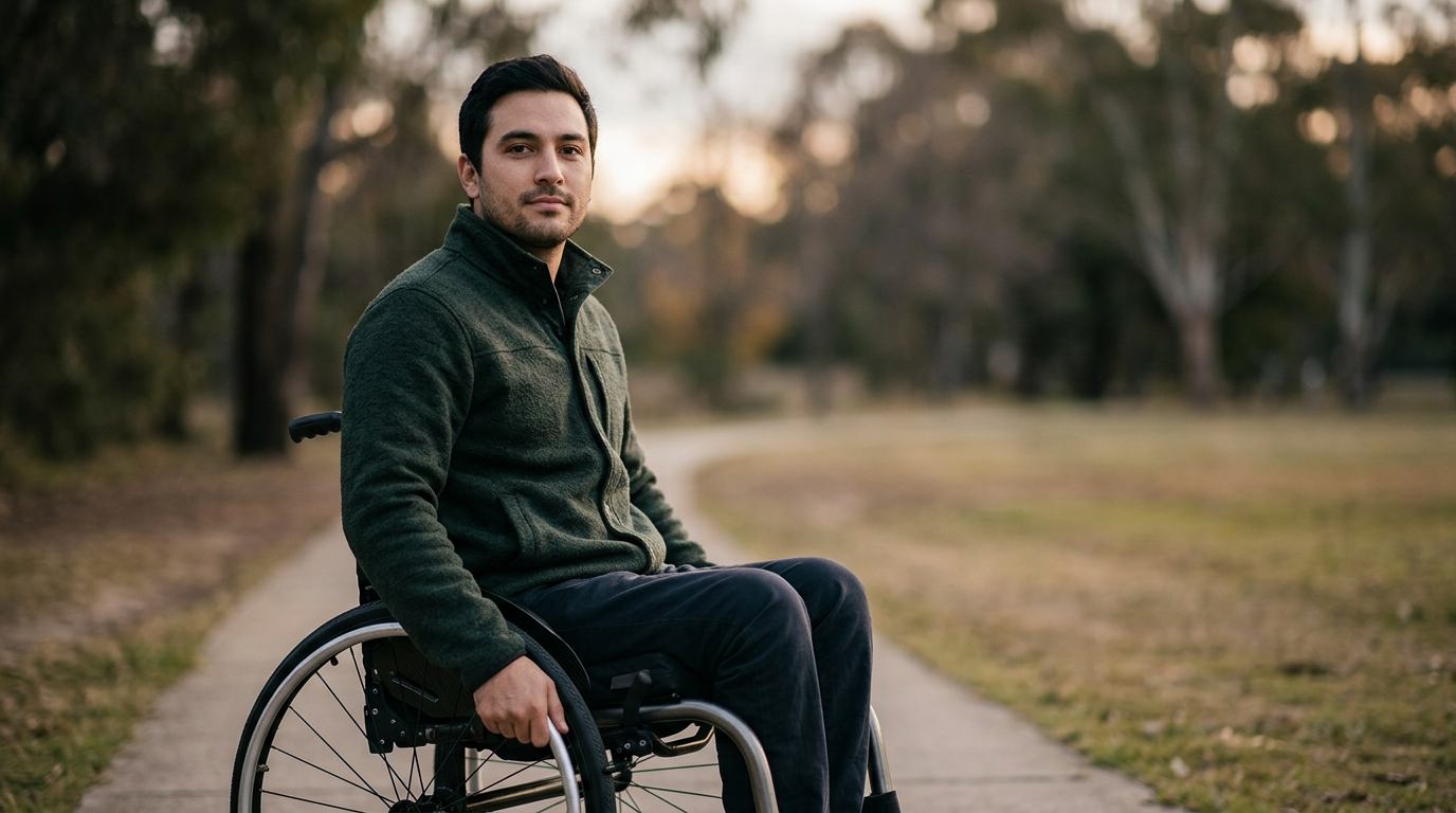 Person using a wheelchair looking forward with quiet resolve after a catastrophic spinal injury.