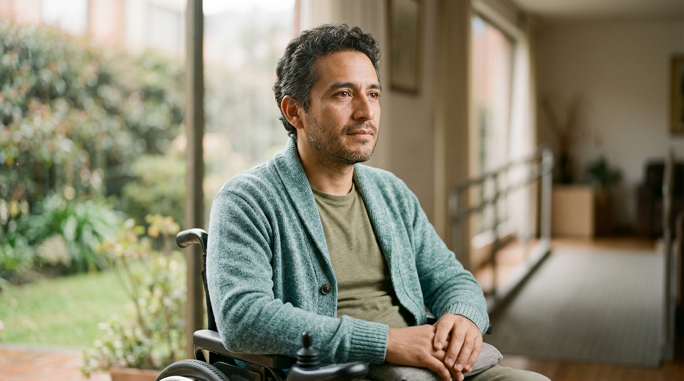 Person using a wheelchair looking forward with quiet resolve.