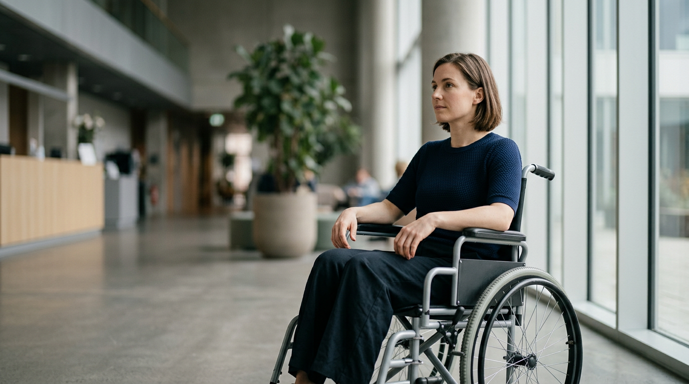 Person using a wheelchair looking forward with quiet resolve after a catastrophic spinal injury.