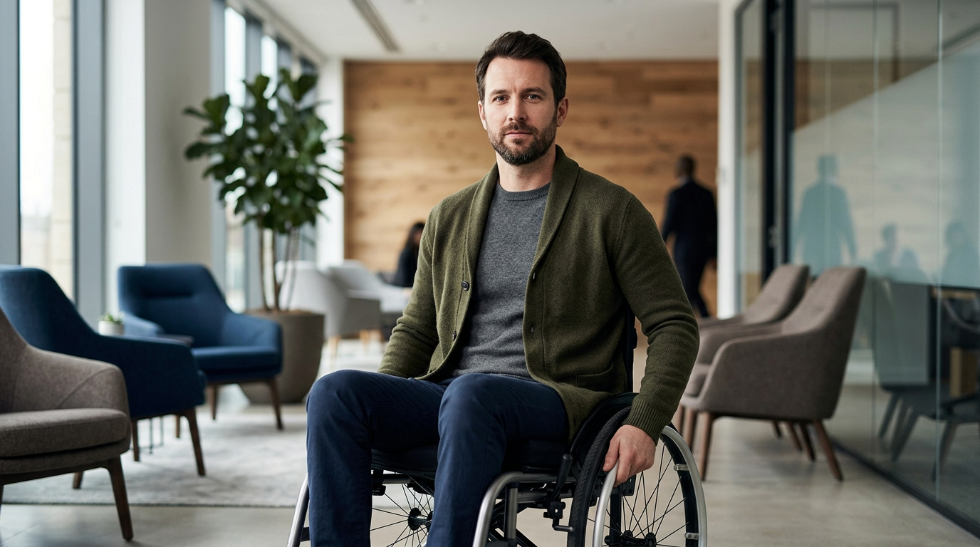 Person using a wheelchair looking forward with quiet resolve after a catastrophic spinal injury.