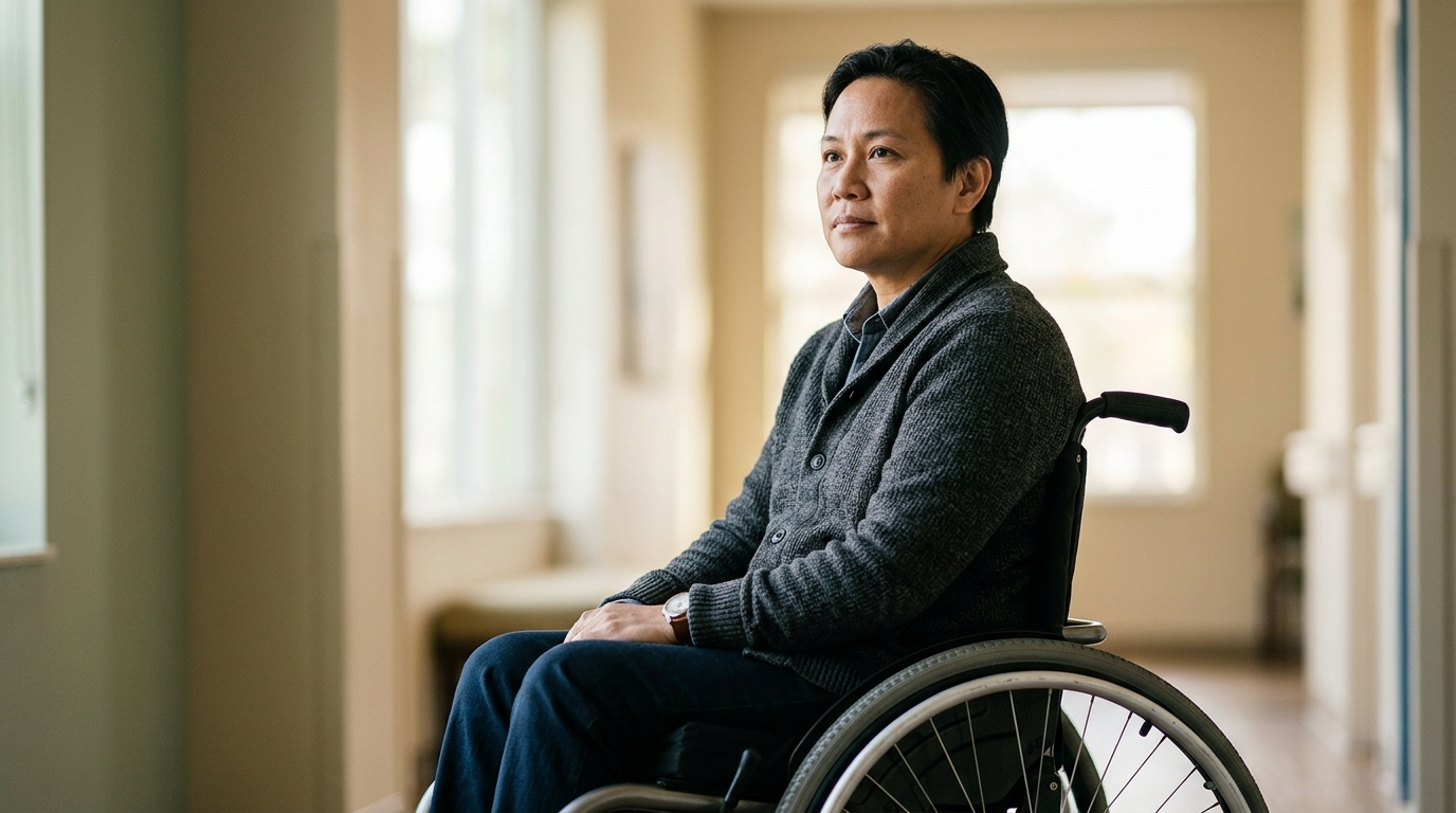 Person using a wheelchair looking forward with quiet resolve after a catastrophic spinal injury.