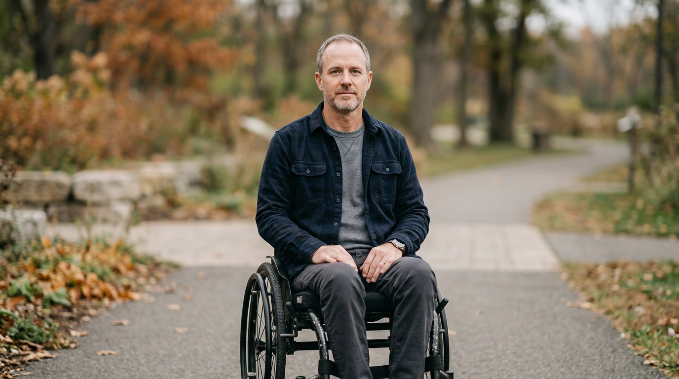 Person using a wheelchair looking forward with quiet resolve after a catastrophic spinal injury.