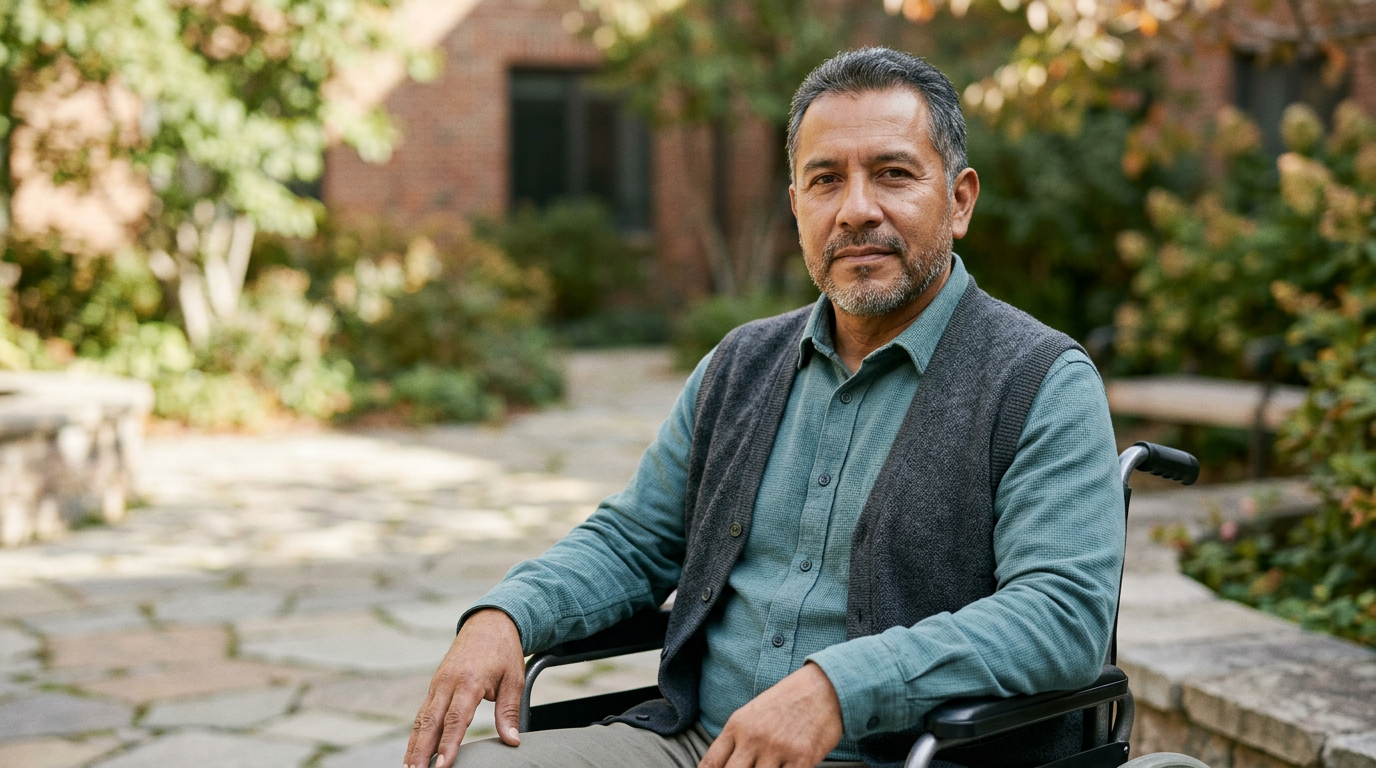 Person using a wheelchair looking forward with quiet resolve after a catastrophic spinal injury.