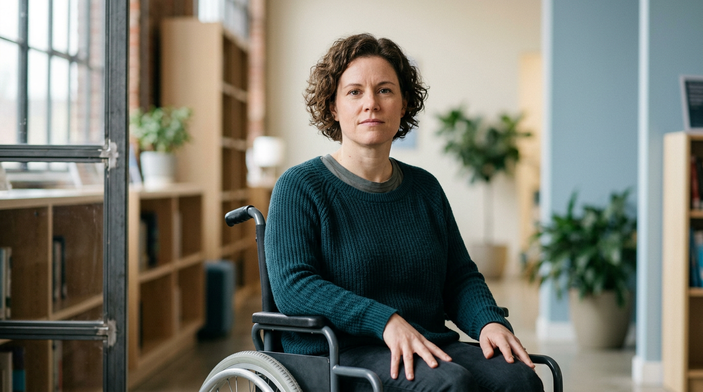 Person using a wheelchair looking forward with quiet resolve.