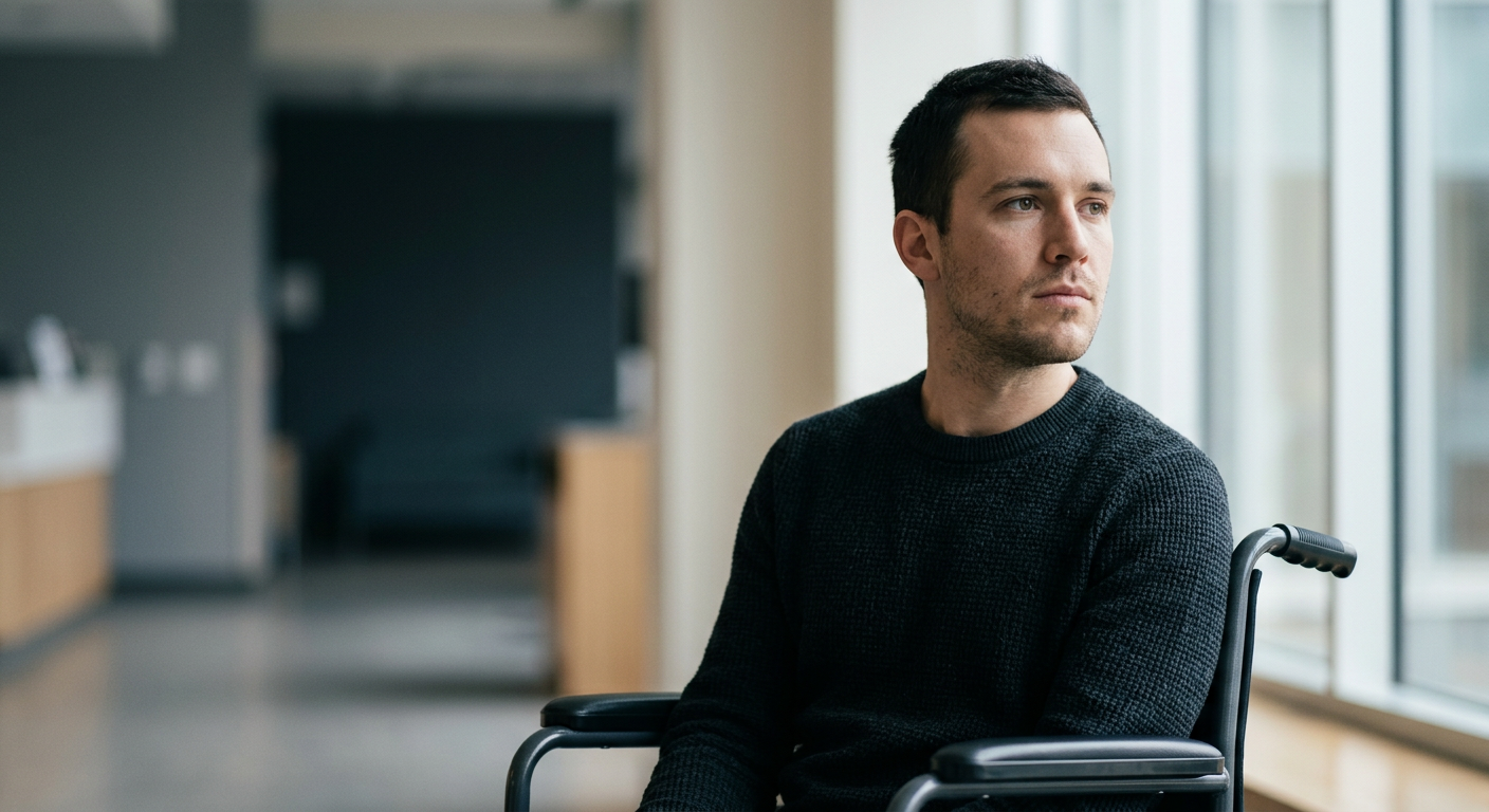 Person using a wheelchair looking forward with quiet resolve.