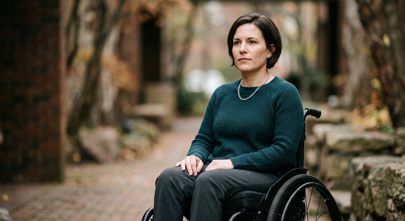 Person using a wheelchair looking forward with quiet resolve after catastrophic spinal injury.