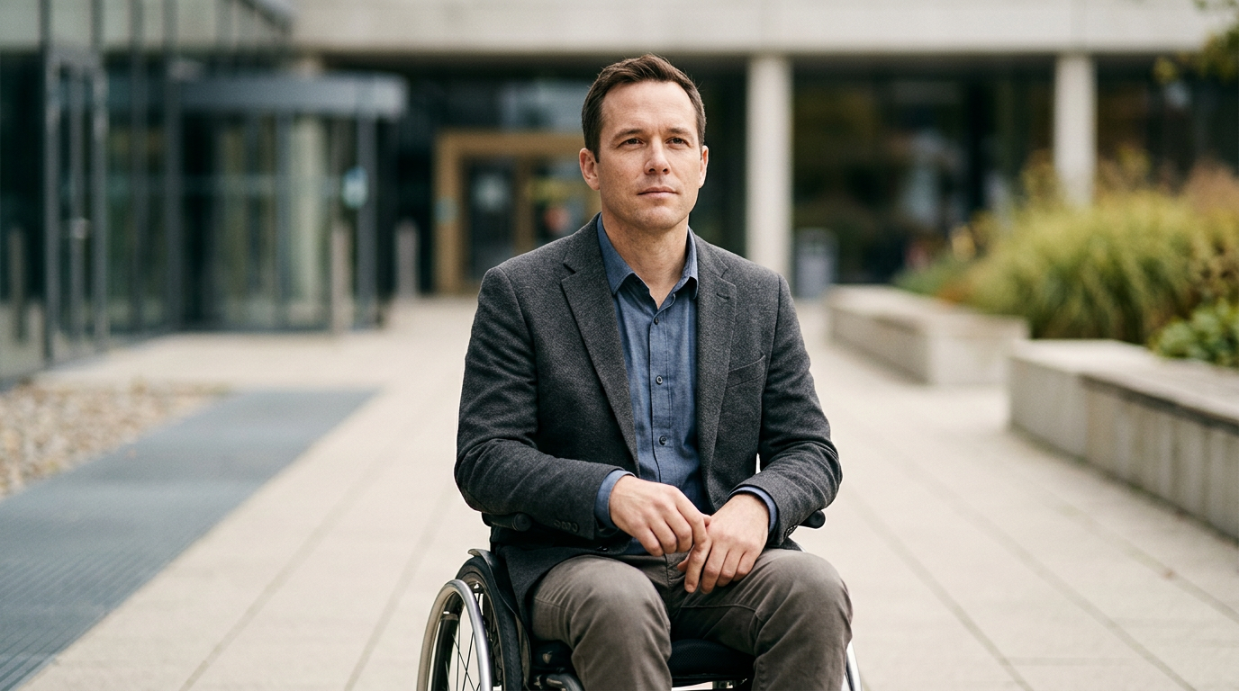 Person using a wheelchair looking forward with quiet resolve after a catastrophic spinal injury.