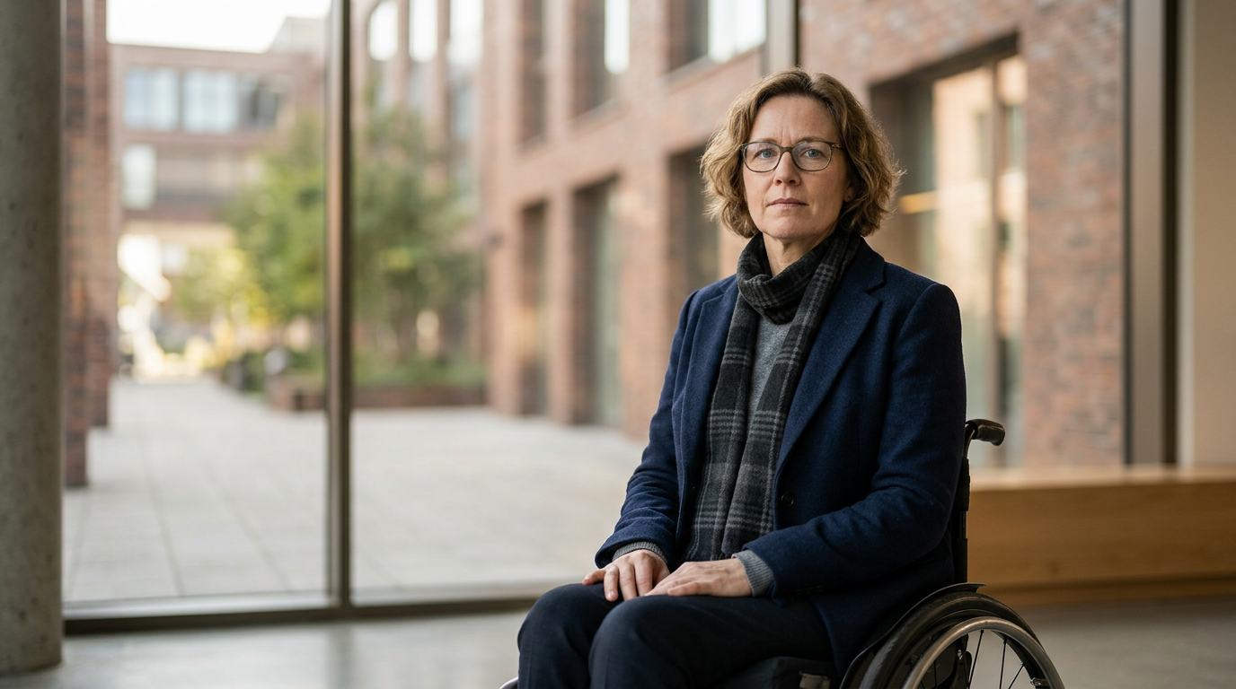 Person using a wheelchair looking forward with quiet resolve.