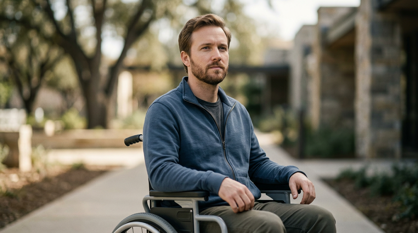 Person using a wheelchair looking forward with quiet resolve.