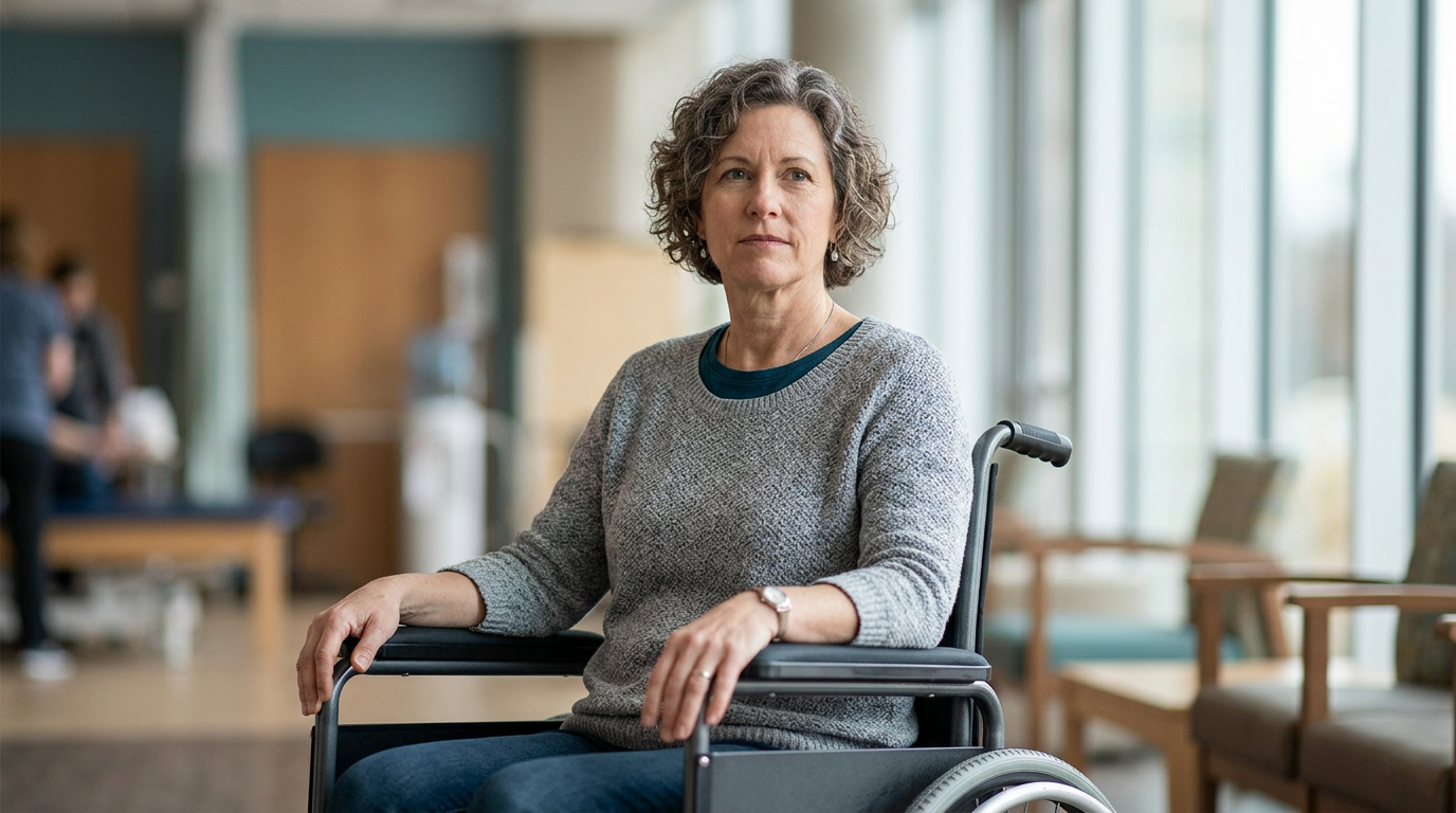 Person using a wheelchair looking forward with quiet resolve after a catastrophic spinal injury.