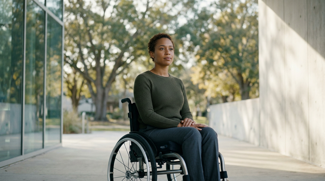 Person using a wheelchair looking forward with quiet resolve after a catastrophic spinal injury.