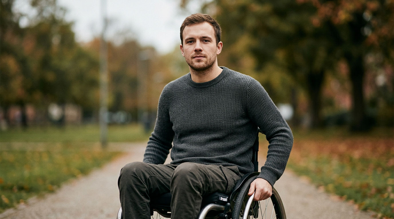 Person using a wheelchair looking forward with quiet resolve after a catastrophic spinal injury.
