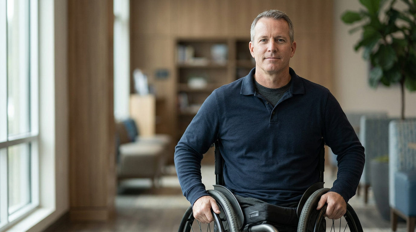 Person using a wheelchair looking forward with quiet resolve after a catastrophic spinal injury.