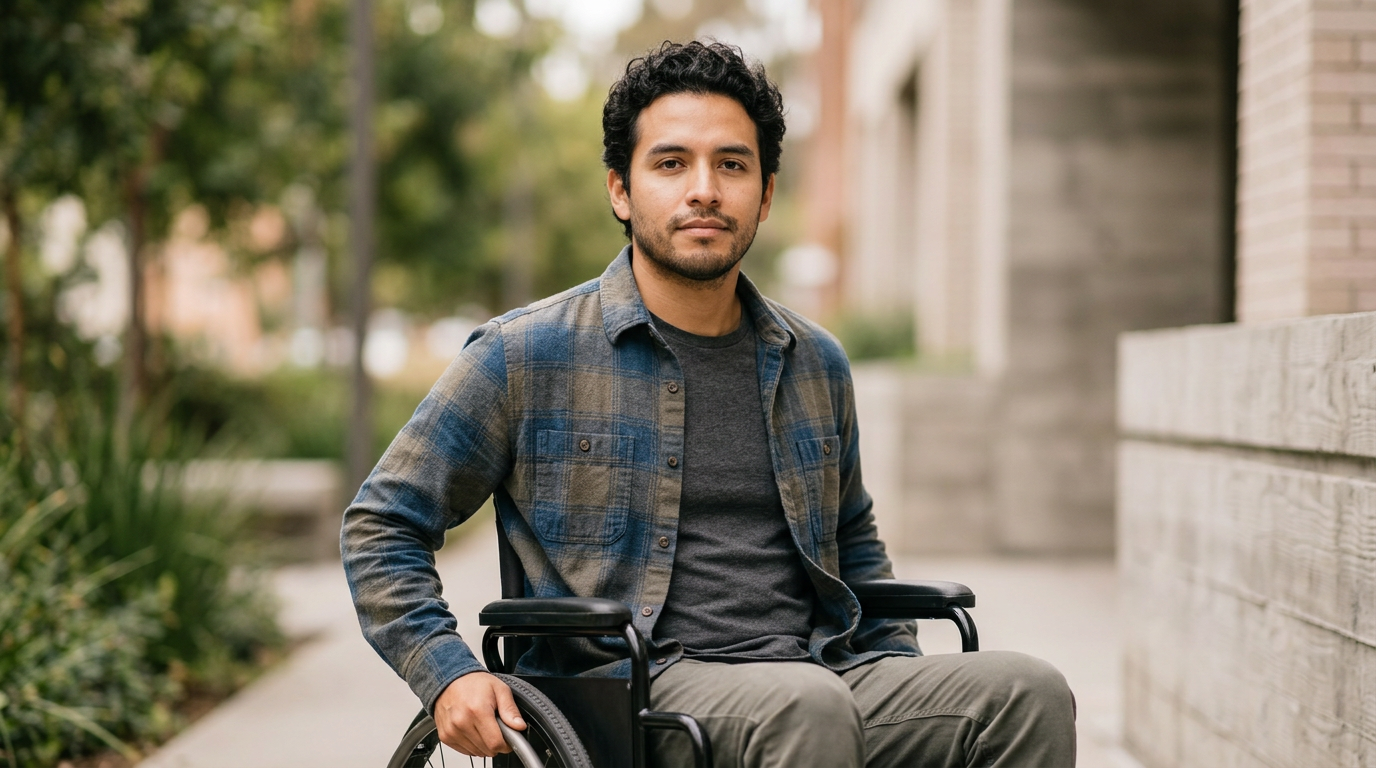 Person using a wheelchair looking forward with quiet resolve after a catastrophic spinal injury.