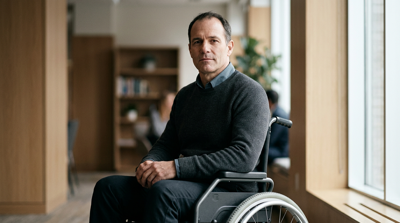 Person using a wheelchair looking forward with quiet resolve after a catastrophic spinal injury.