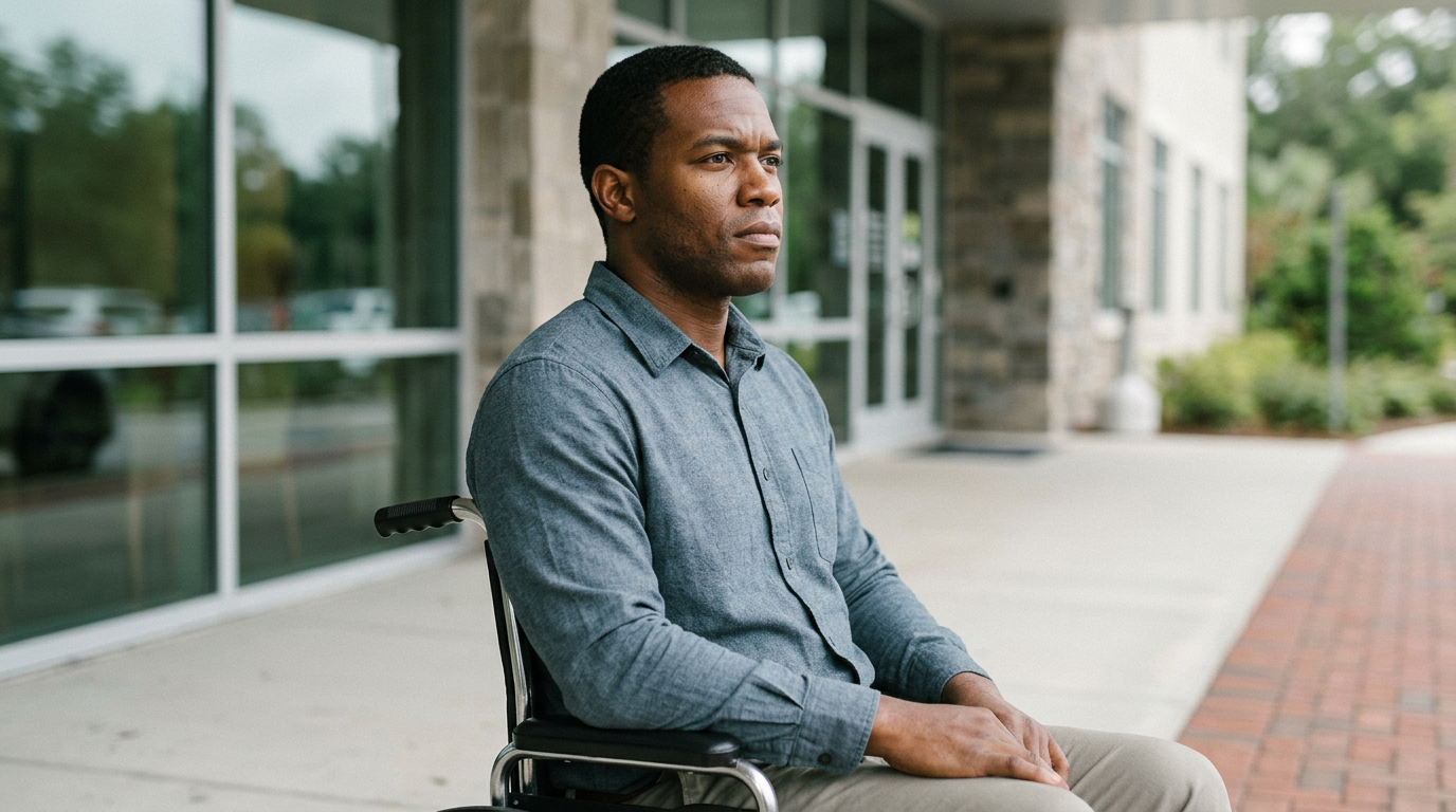 Person using a wheelchair looking forward with quiet resolve after a catastrophic spinal injury.