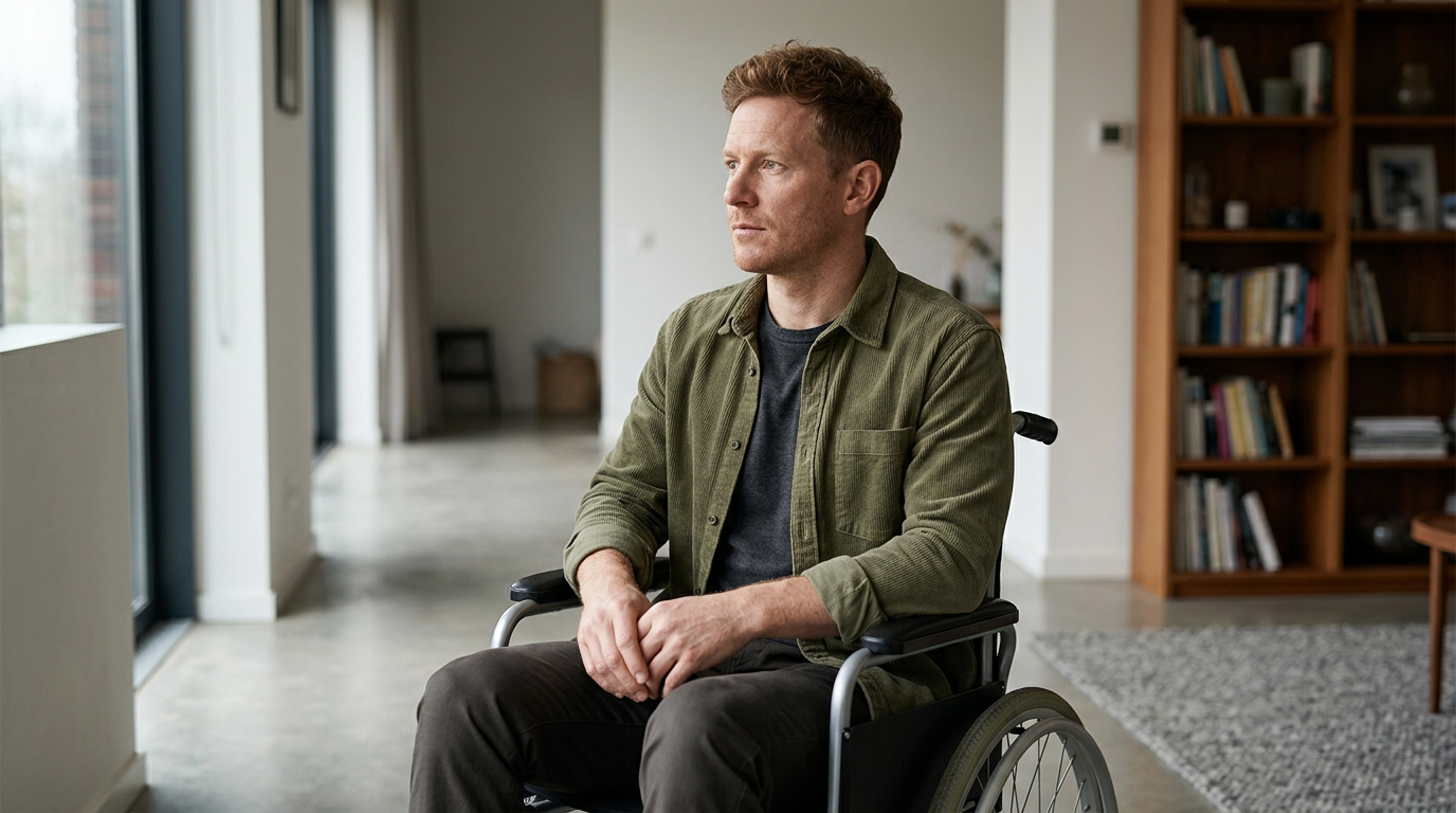 Person using a wheelchair looking forward with quiet resolve after a catastrophic spinal injury.