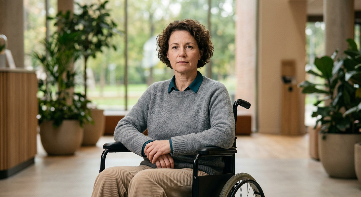 Person using a wheelchair looking forward with quiet resolve.