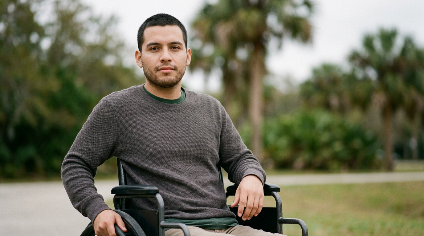 Person using a wheelchair looking forward with quiet resolve after a catastrophic spinal cord injury.
