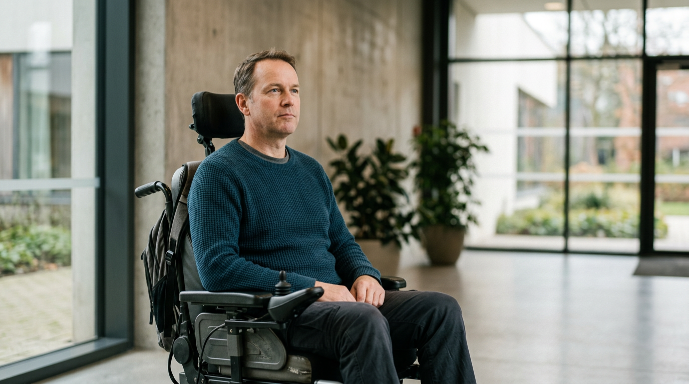 Person using a wheelchair looking forward with quiet resolve.