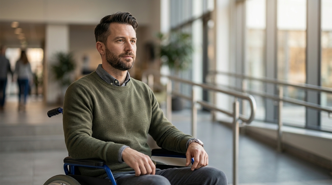 Person using a wheelchair looking forward with quiet resolve after a catastrophic spinal injury.