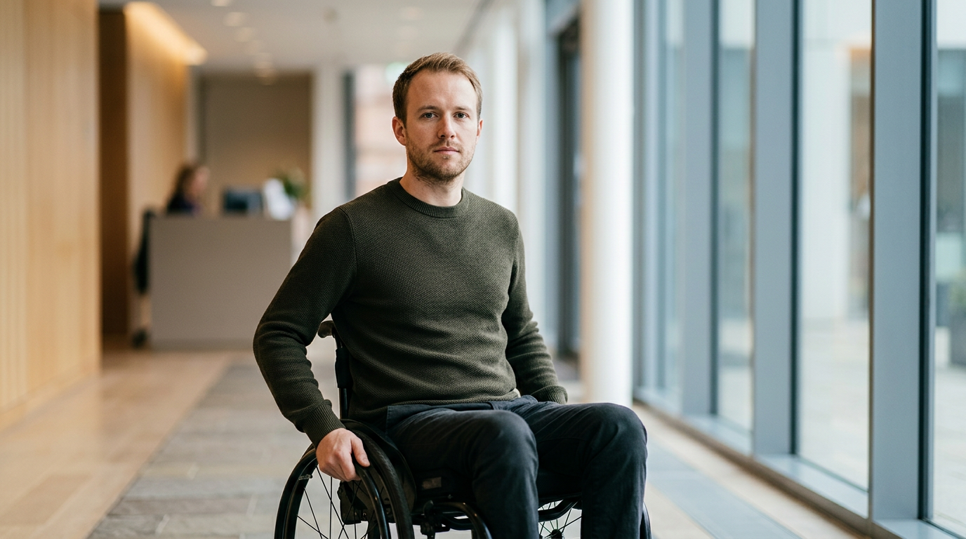 Person using a wheelchair looking forward with quiet resolve after a catastrophic spinal cord injury.
