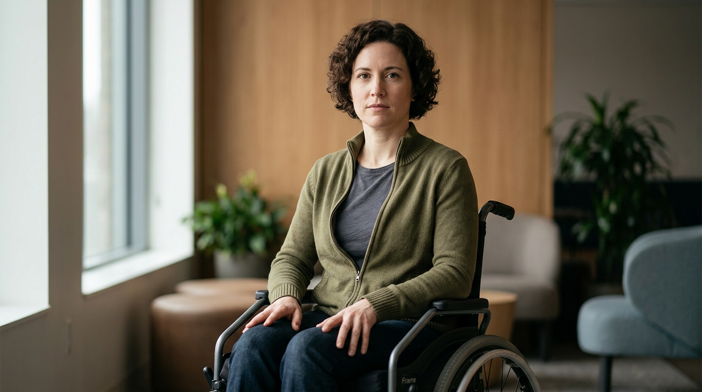 Person using a wheelchair looking forward with quiet resolve after a catastrophic spinal injury.