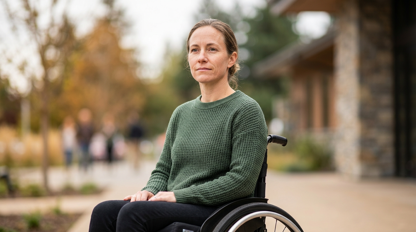 Person using a wheelchair looking forward with quiet resolve after a catastrophic spinal injury.