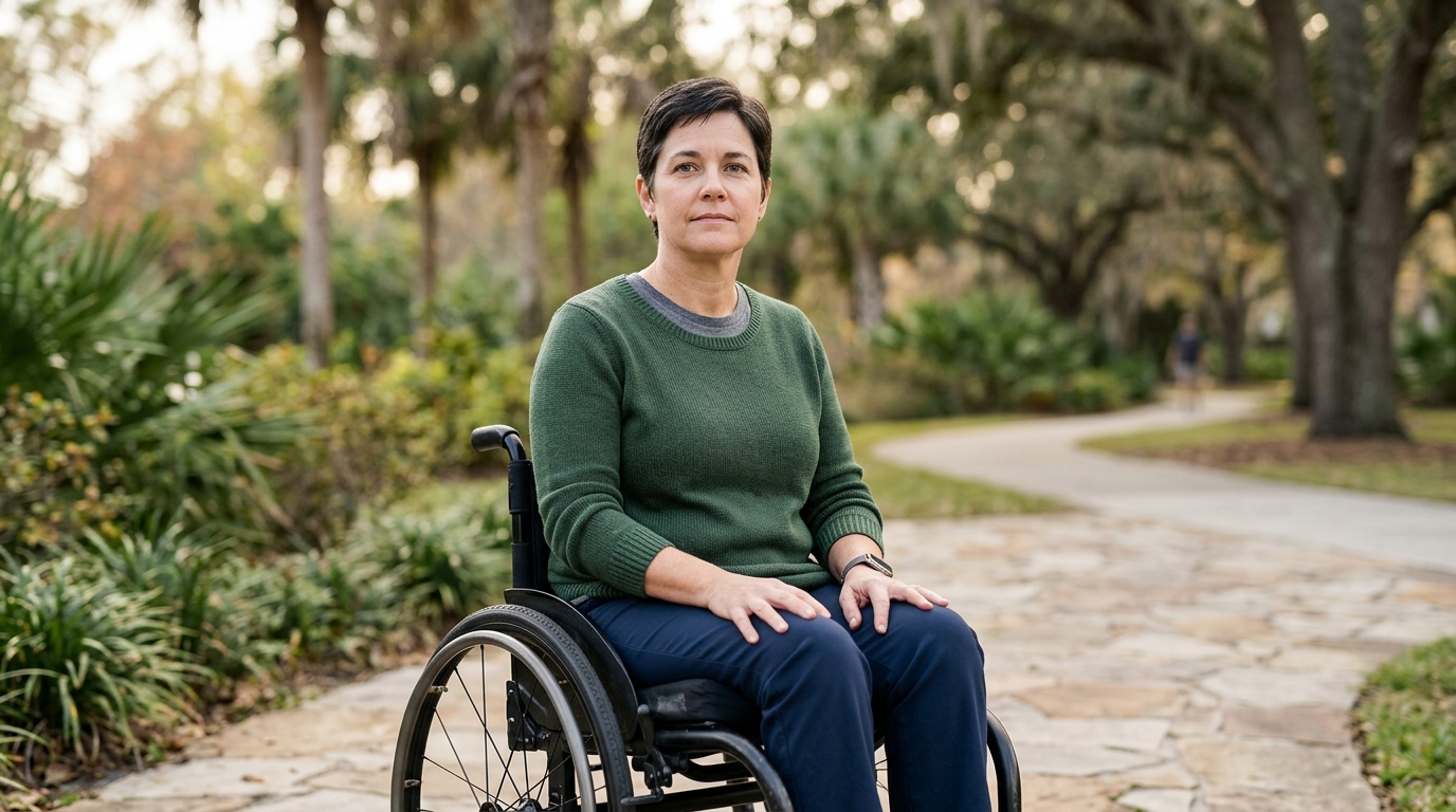 Person using a wheelchair looking forward with quiet resolve after a catastrophic spinal cord injury.