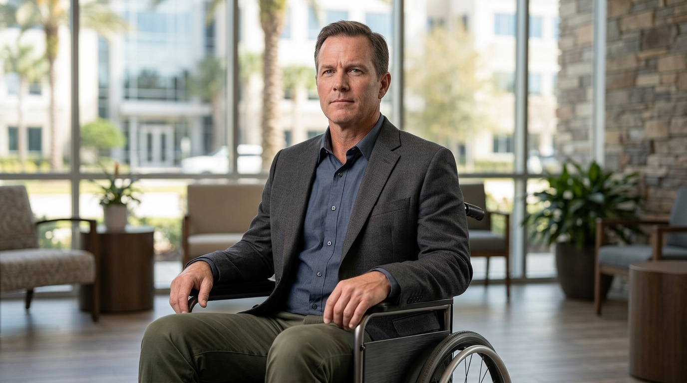 Person using a wheelchair looking forward with quiet resolve after a catastrophic spinal injury.