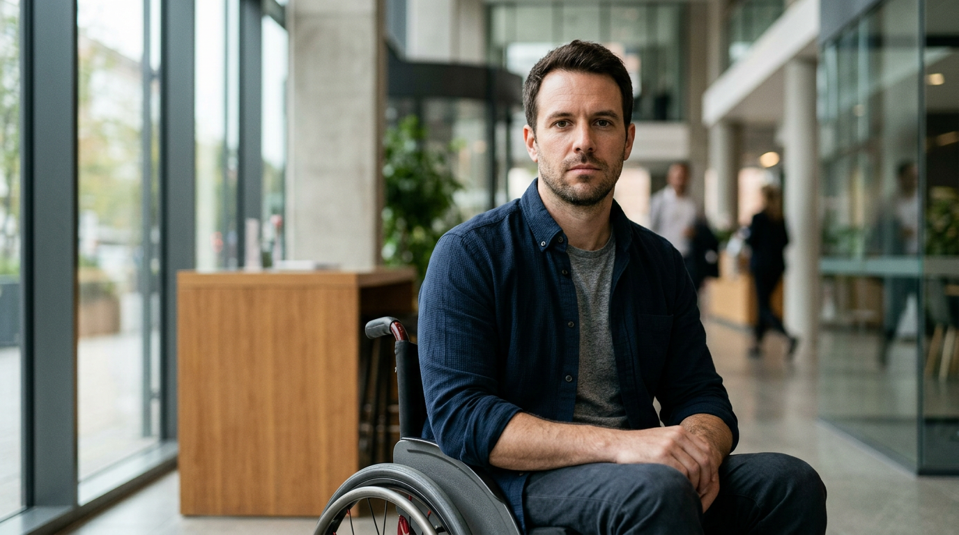 Person using a wheelchair looking forward with quiet resolve after a catastrophic spinal injury.