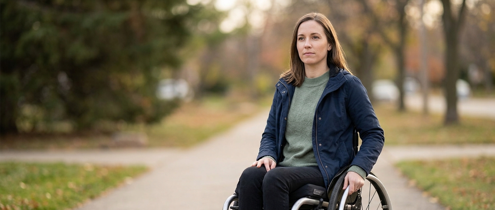 Person using a wheelchair looking forward with quiet resolve after a catastrophic spinal injury.