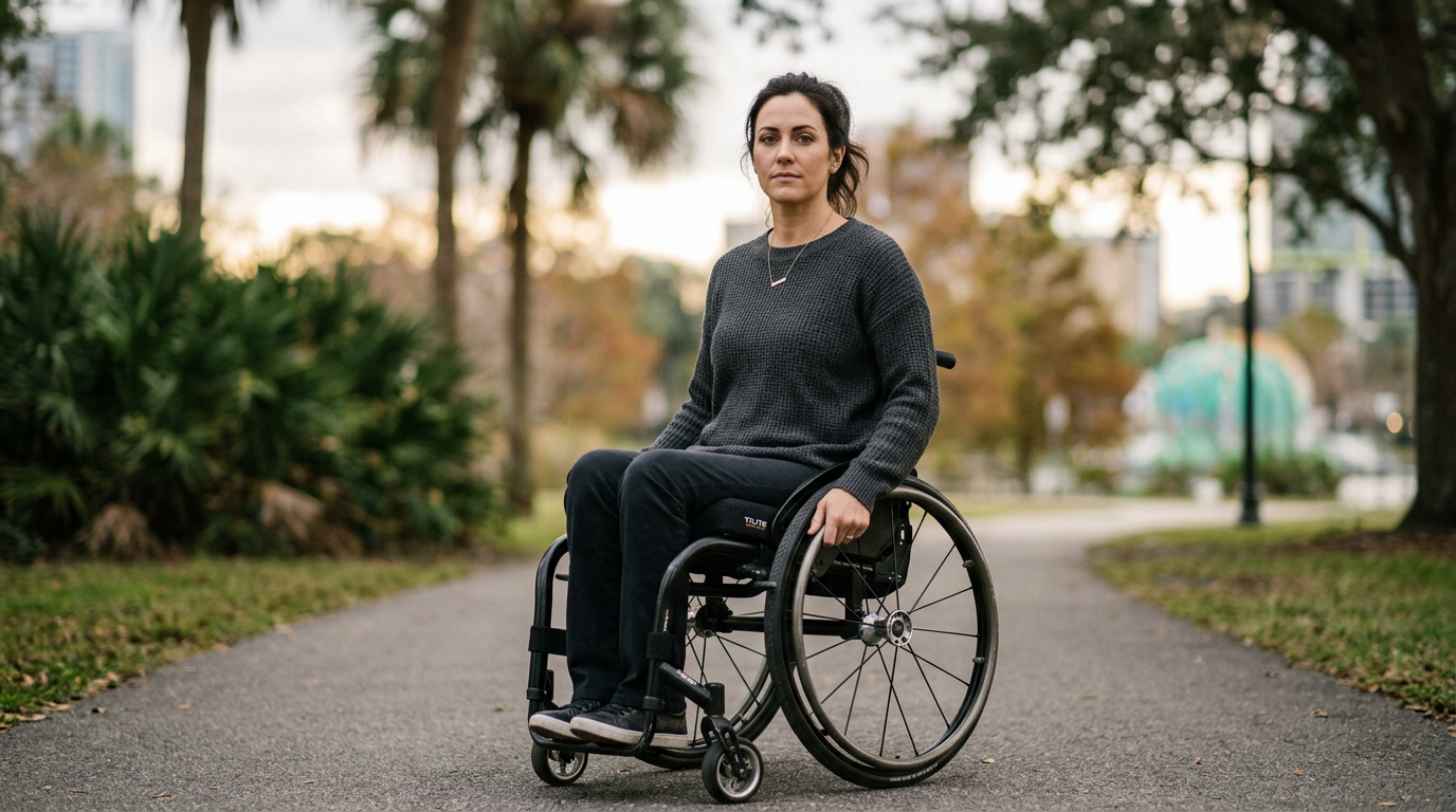 Person using a wheelchair looking forward with quiet resolve after a catastrophic spinal cord injury.