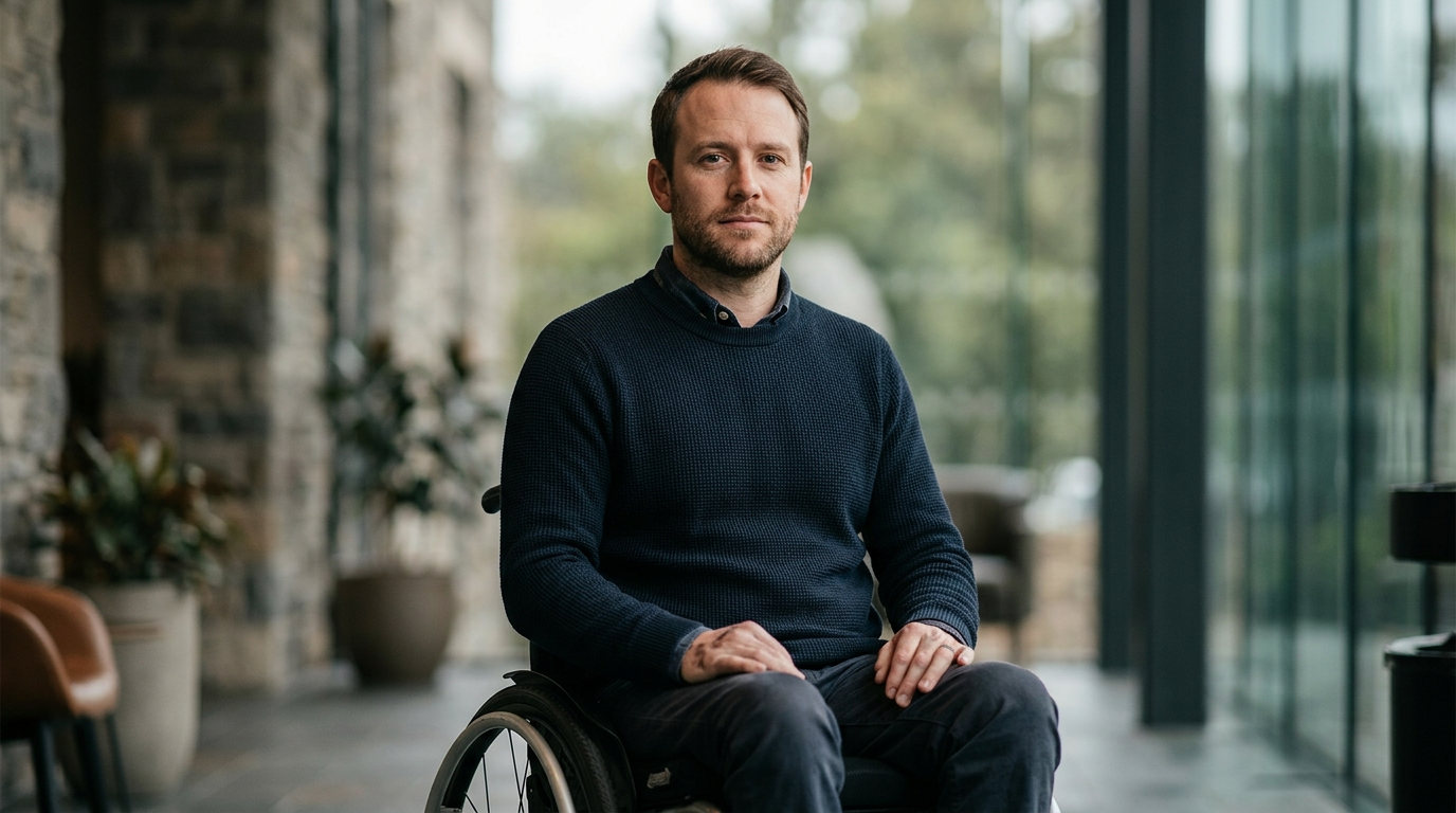 Person using a wheelchair looking forward with quiet resolve after a catastrophic spinal injury.