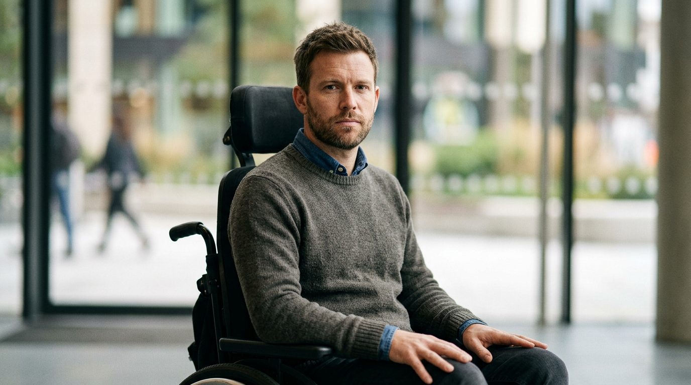 Person using a wheelchair looking forward with quiet resolve after a catastrophic spinal injury.