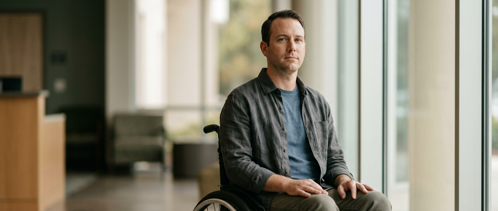 Person using a wheelchair looking forward with quiet resolve after a catastrophic spinal injury.