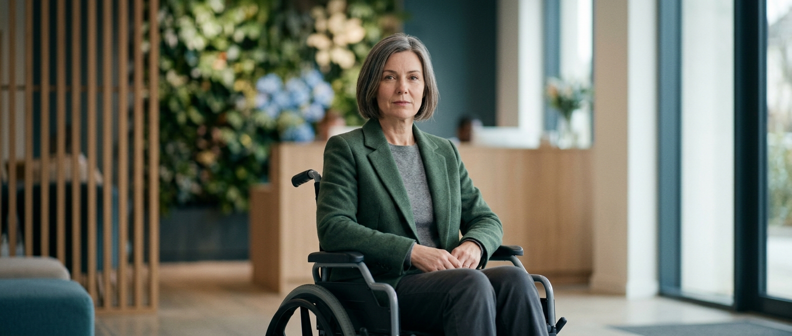Person using a wheelchair looking forward with quiet resolve after a catastrophic spinal injury.