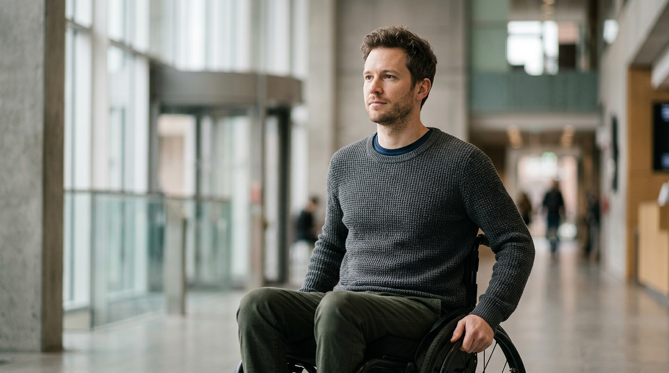 Person using a wheelchair looking forward with quiet resolve after a catastrophic spinal injury.