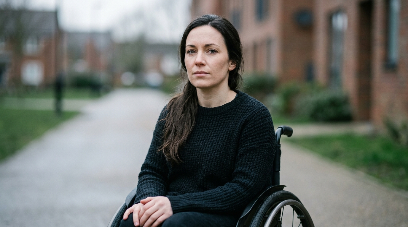 Person using a wheelchair looking forward with quiet resolve after a catastrophic spinal injury.