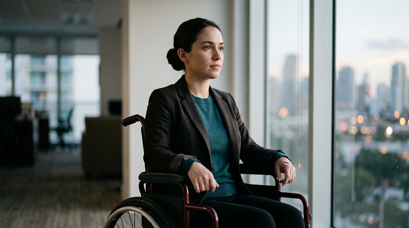 Person using a wheelchair looking forward with quiet resolve after a catastrophic spinal injury.