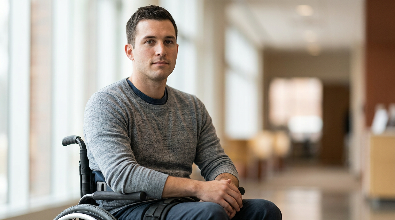 Person using a wheelchair looking forward with quiet resolve after a catastrophic spinal injury.