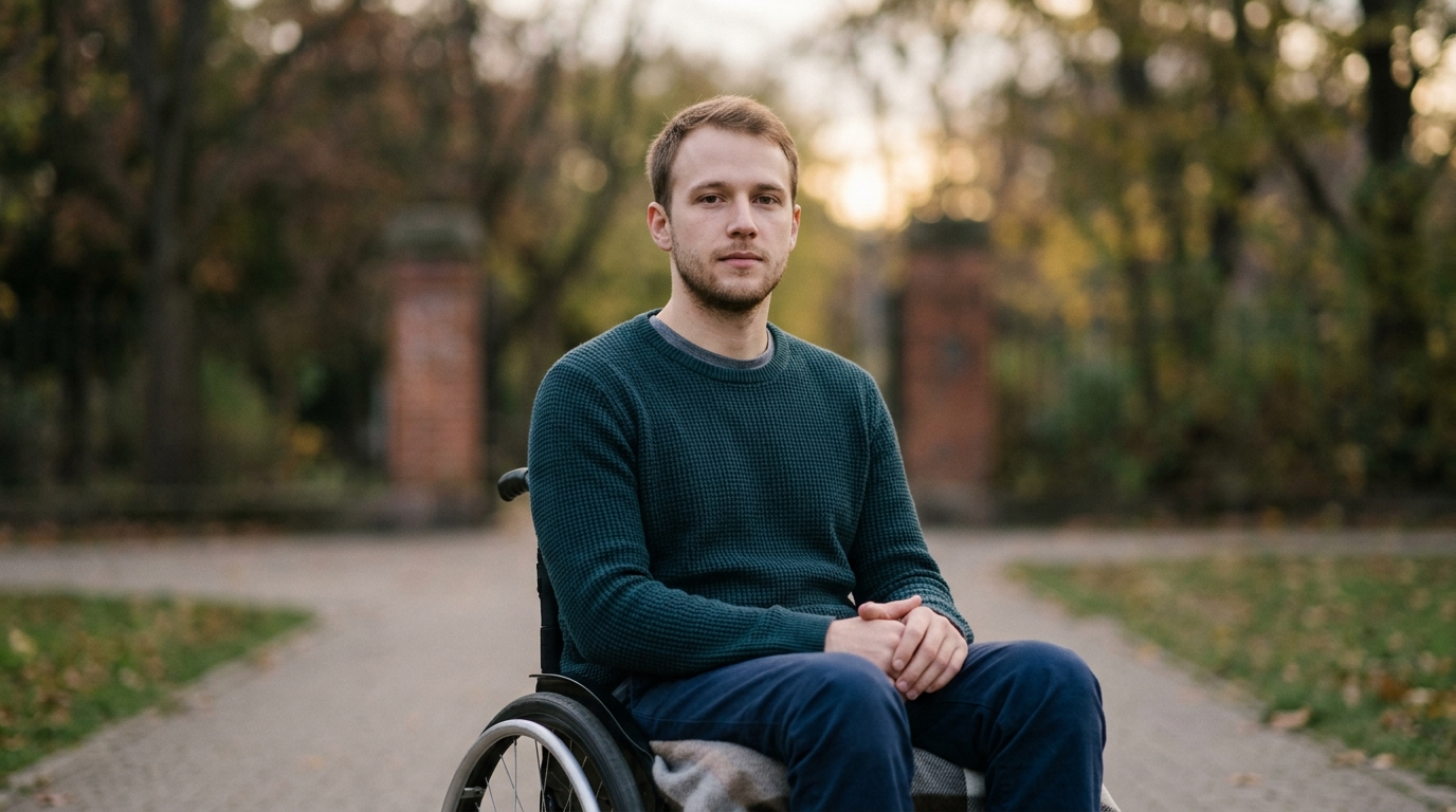 Person using a wheelchair looking forward with quiet resolve after a catastrophic spinal injury.