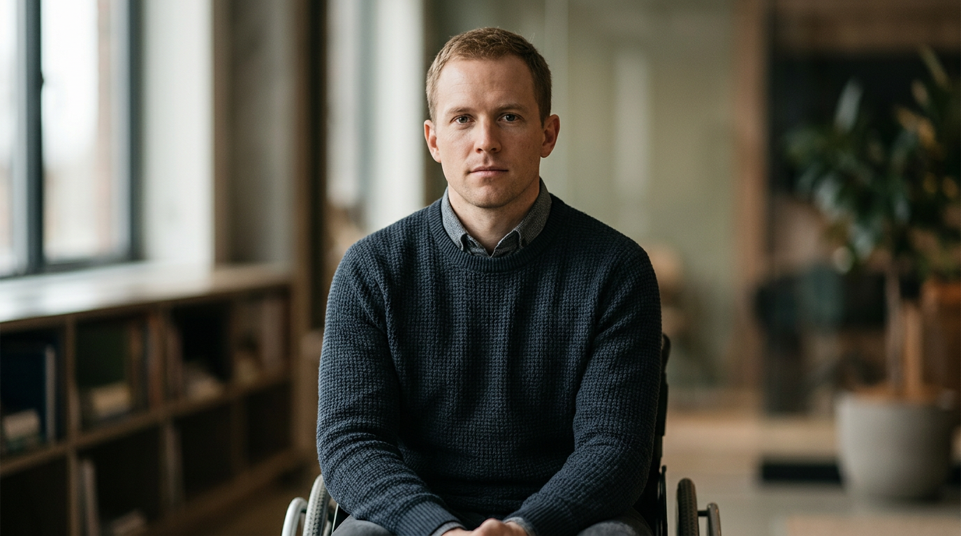 Person using a wheelchair looking forward with quiet resolve after a catastrophic spinal injury.