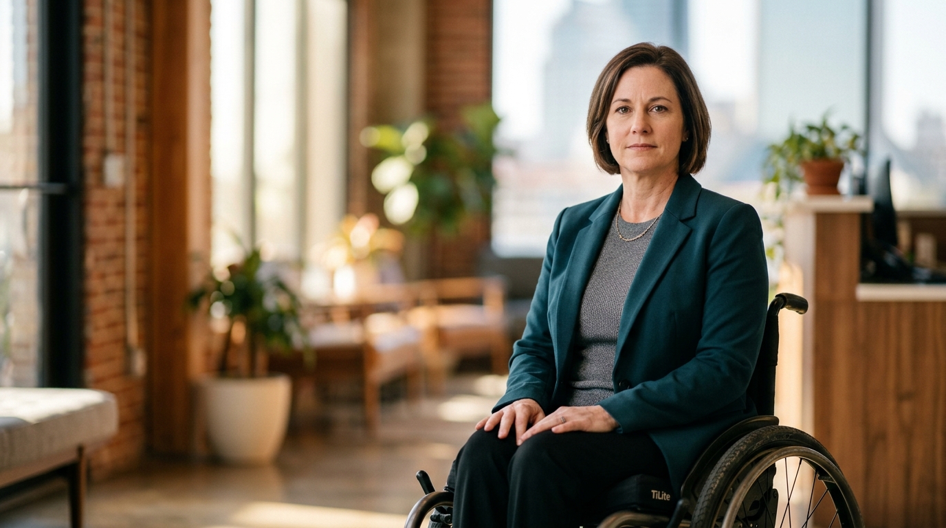 Person using a wheelchair looking forward with quiet resolve after a catastrophic spinal cord injury.