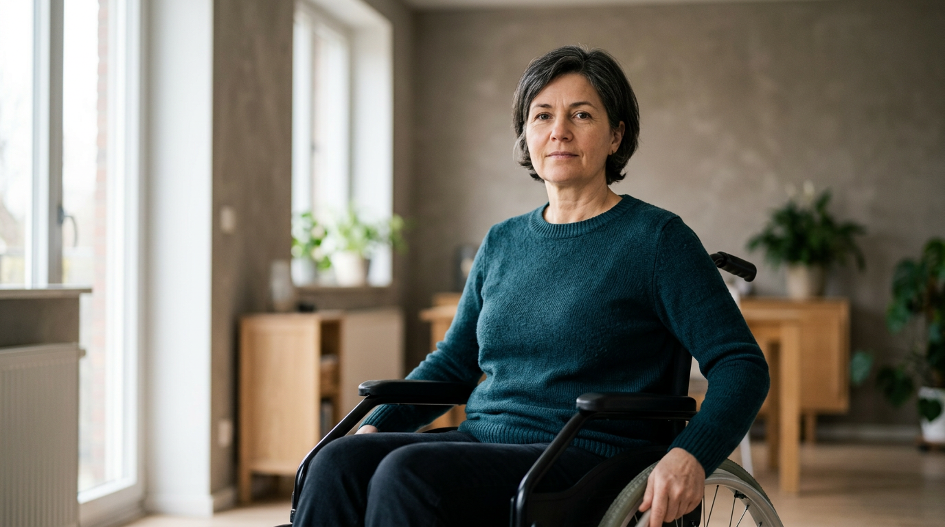 Person using a wheelchair looking forward with quiet resolve after a catastrophic spinal injury.