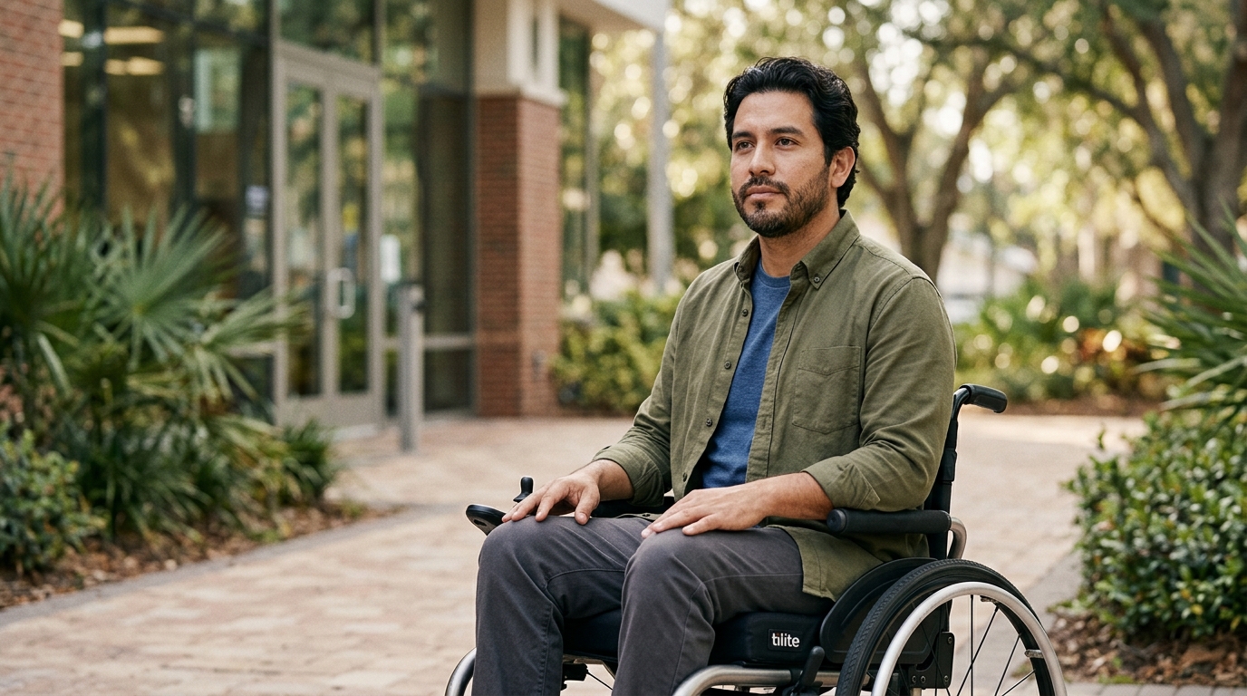 Person using a wheelchair looking forward with quiet resolve after a catastrophic spinal injury.