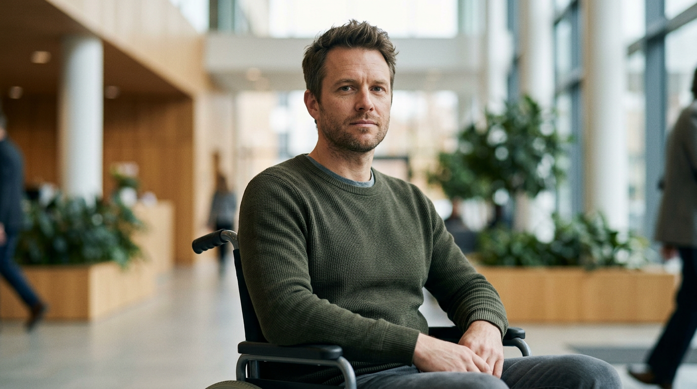 Person using a wheelchair looking forward with quiet resolve after a catastrophic spinal injury.
