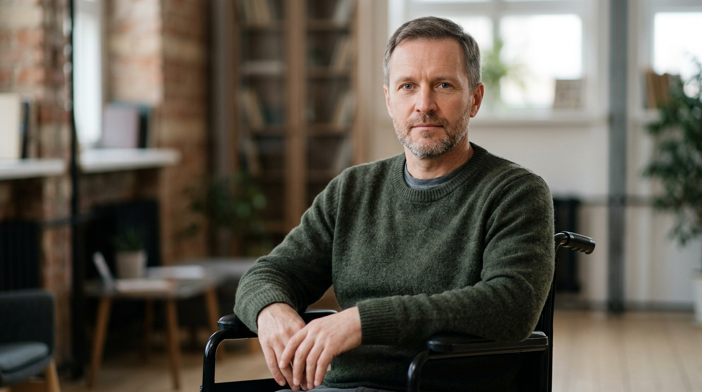 Person using a wheelchair looking forward with quiet resolve after a catastrophic spinal injury.